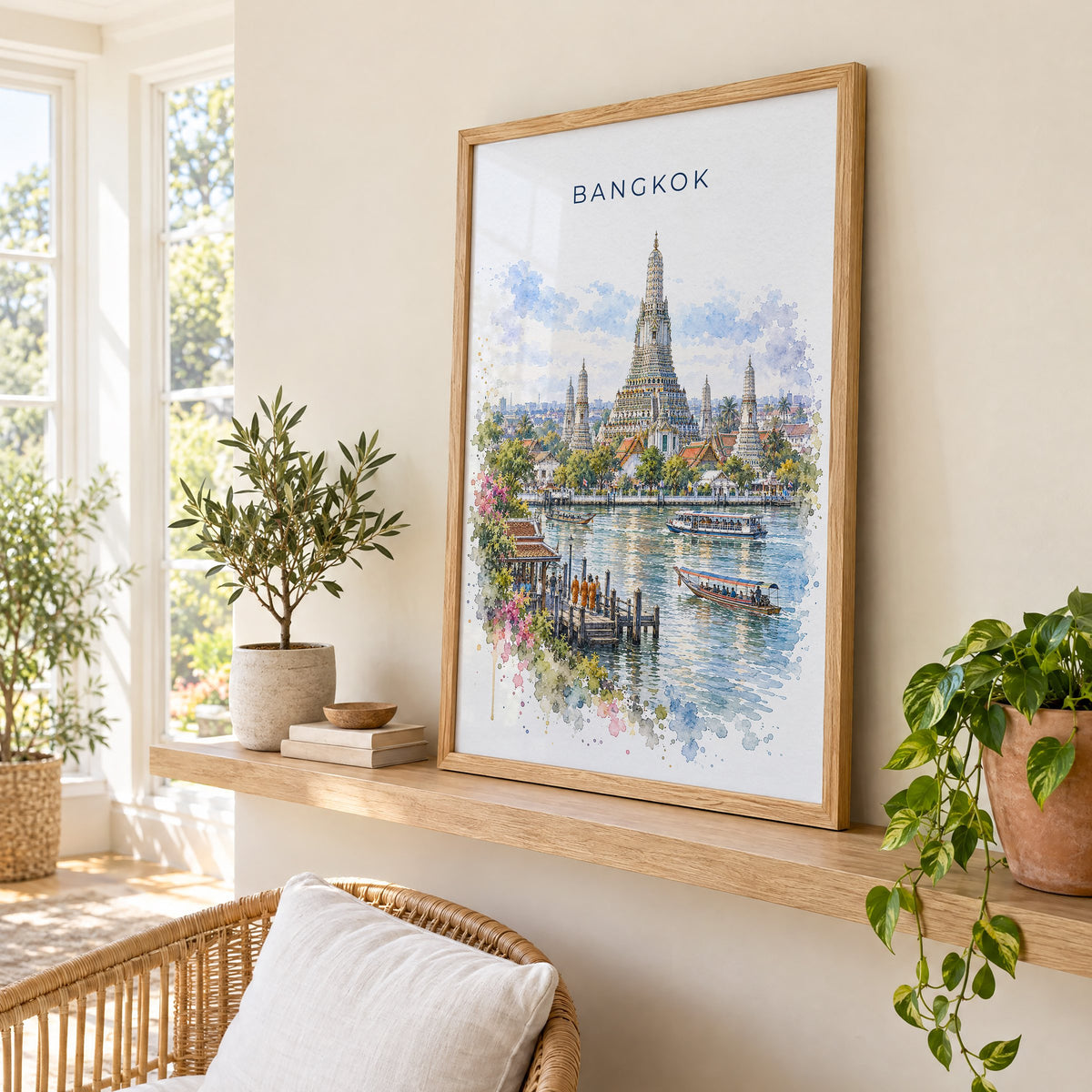 Bangkok watercolor print in an oak frame on a picture ledge in a sunlit sunroom