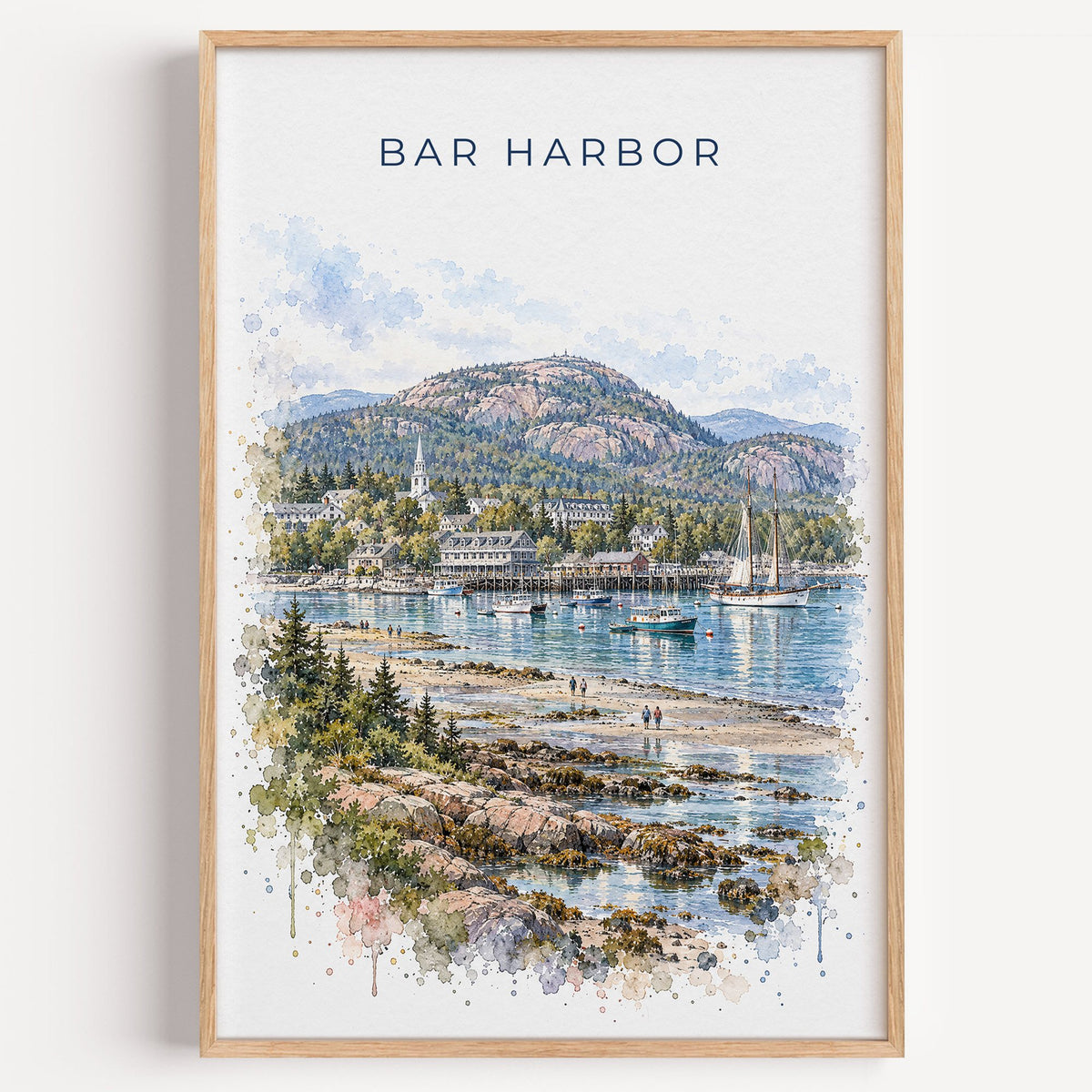 Bar Harbor watercolor print in a light oak frame on a plain white wall