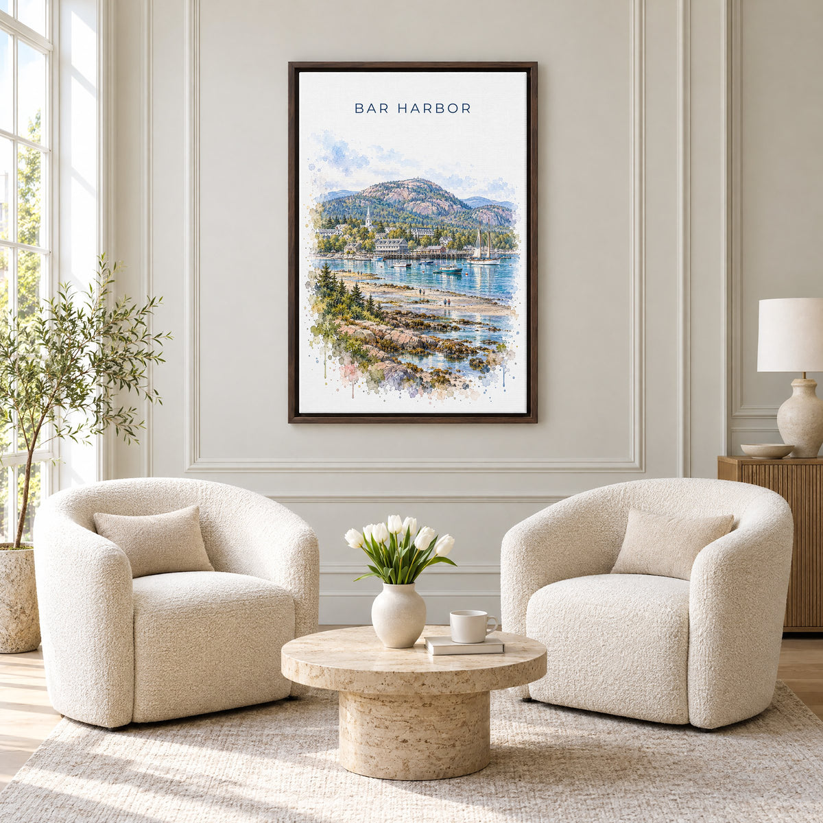Bar Harbor watercolor print as an espresso floater canvas above two boucle armchairs in a hotel lounge