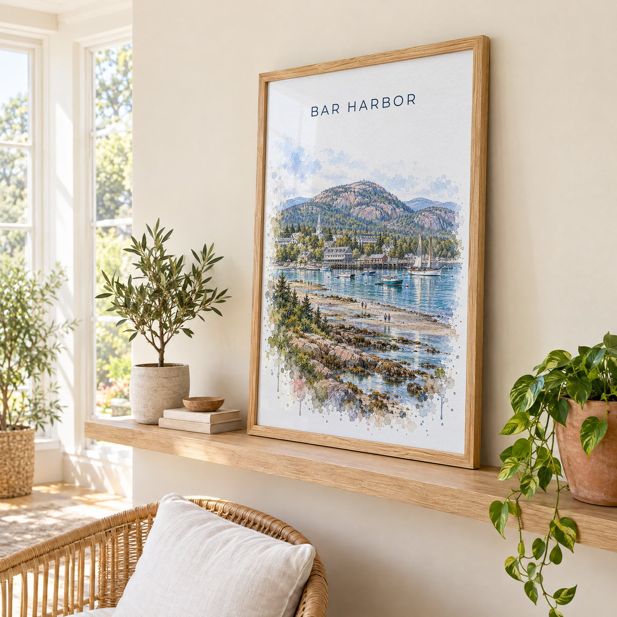 Bar Harbor watercolor print in an oak frame on a picture ledge in a sunlit sunroom