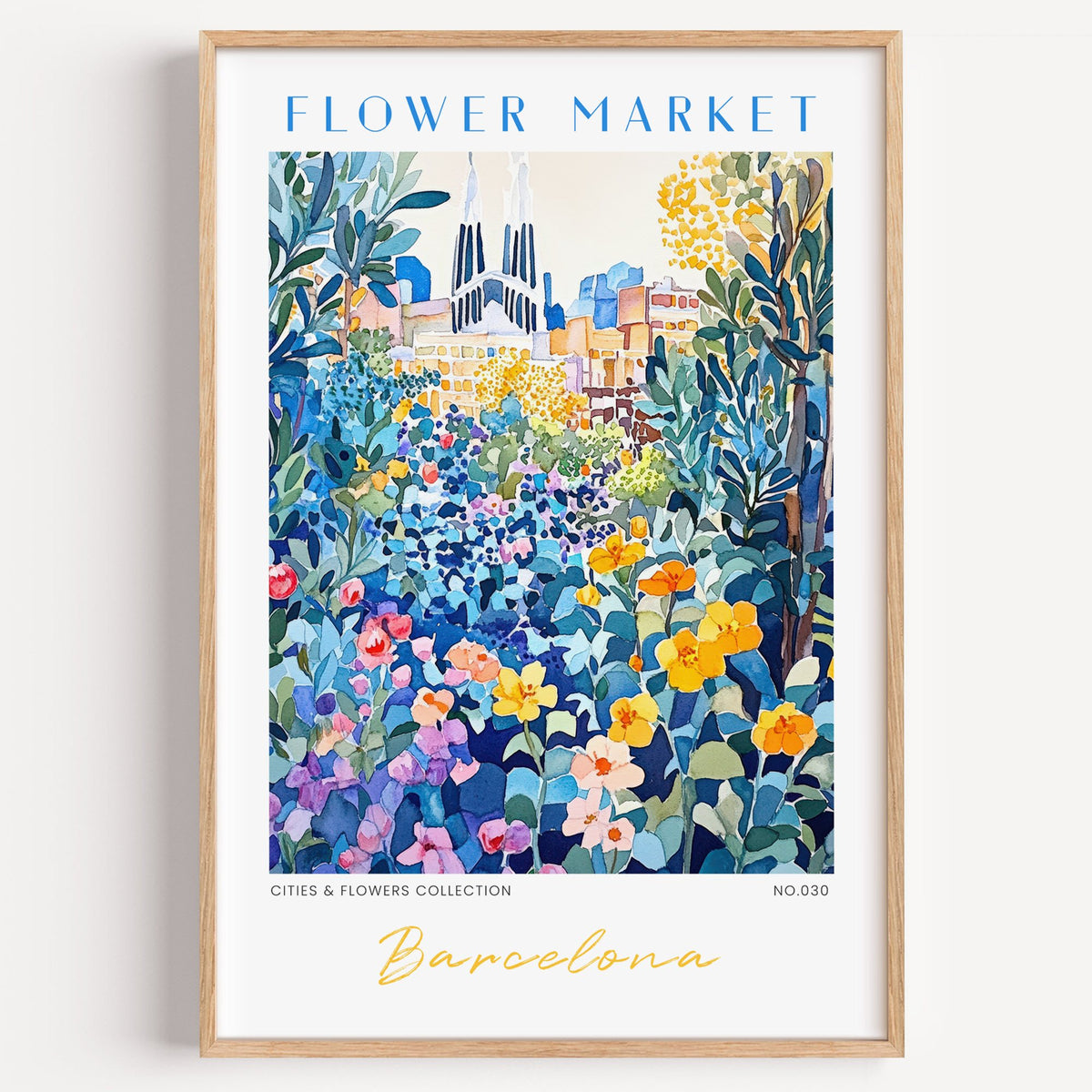 Barcelona flower market print in a light oak frame on a plain white wall