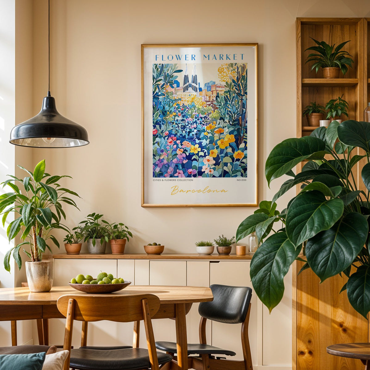 Barcelona flower market print in an oak frame above a dining sideboard lined with potted plants