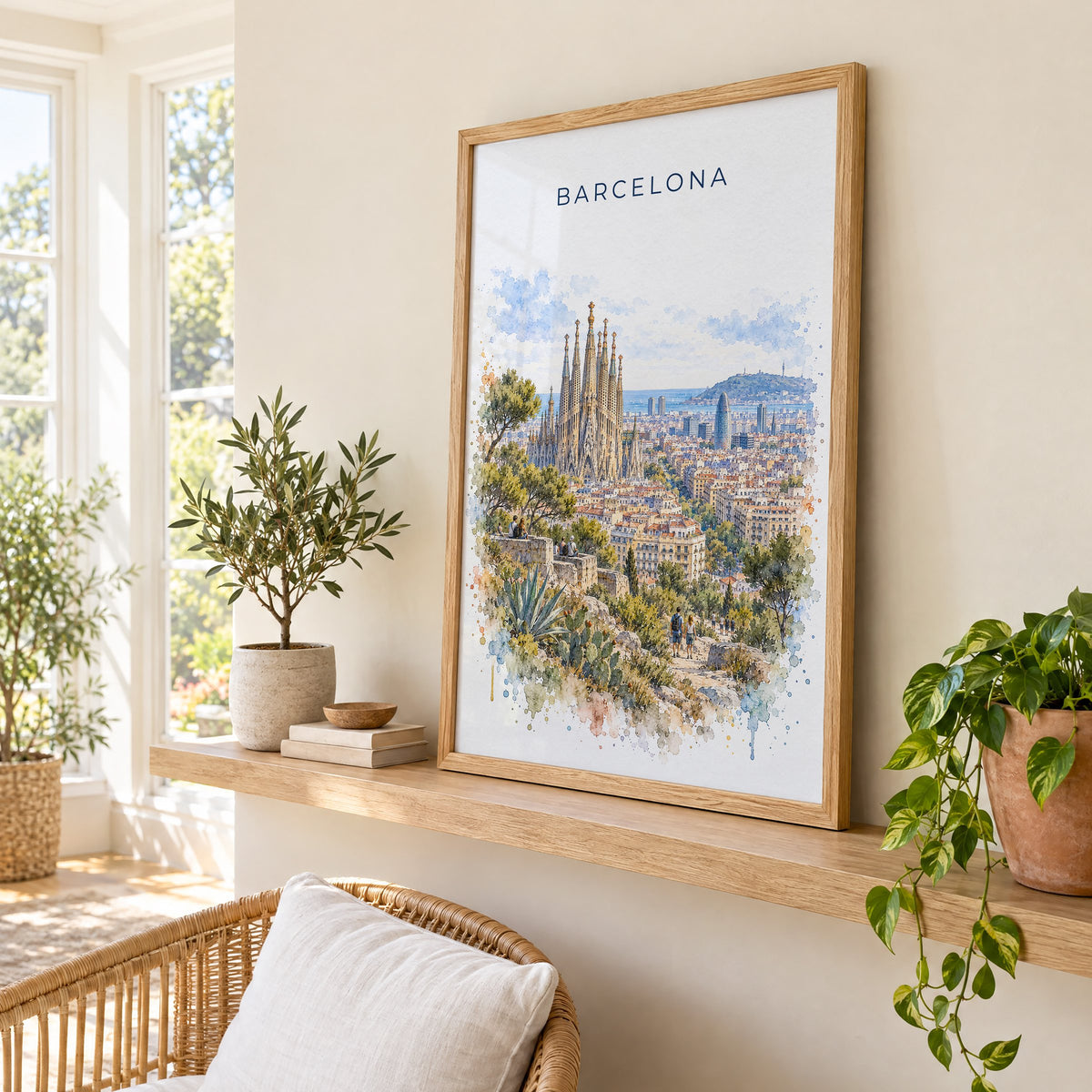 Barcelona watercolor print in an oak frame on a picture ledge in a sunlit sunroom