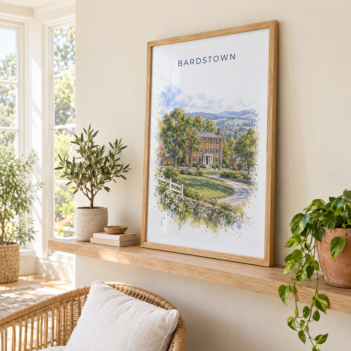 Bardstown, Kentucky watercolor print in an oak frame on a picture ledge in a sunlit sunroom