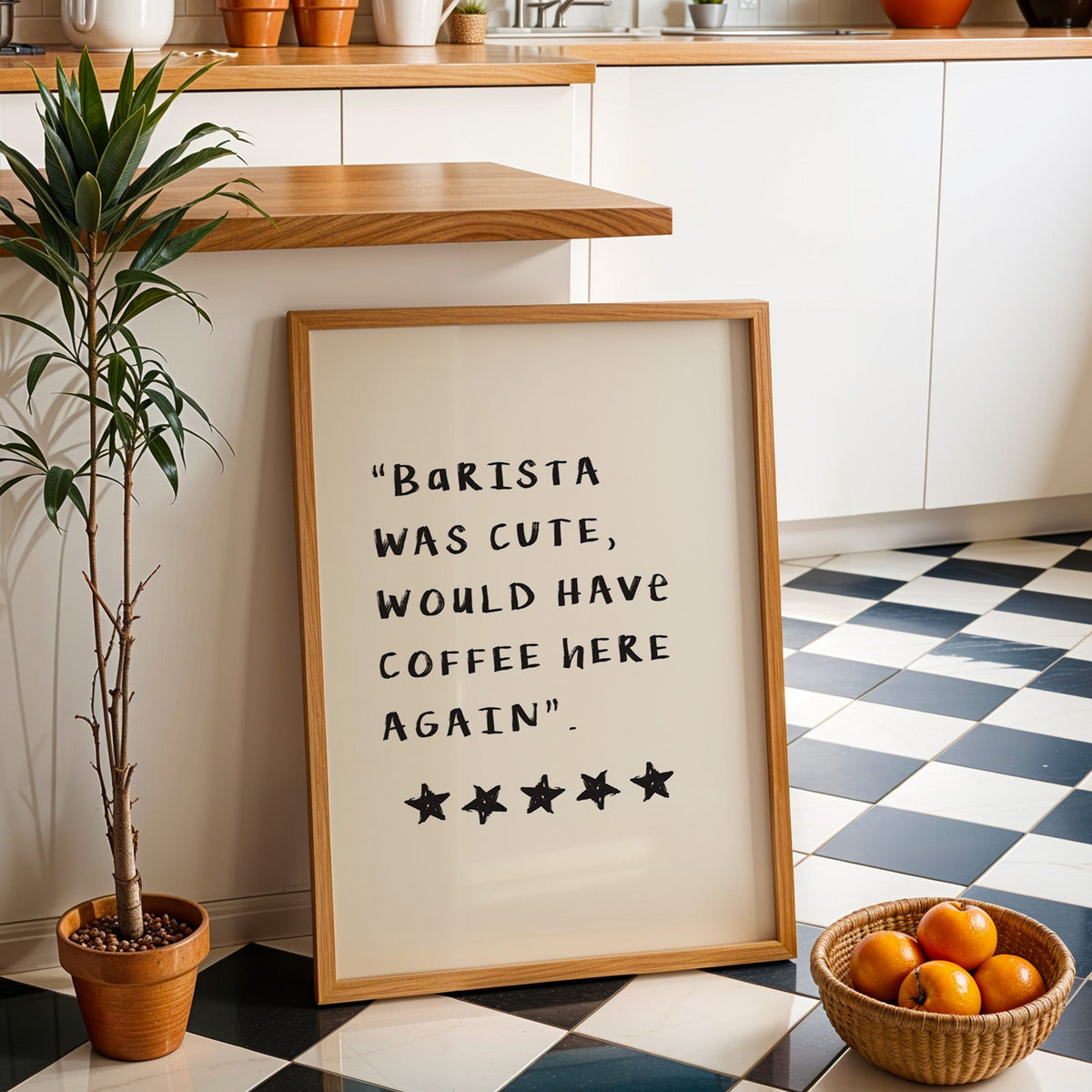 Barista was cute coffee print in an oak frame by a kitchen island and checkered floor