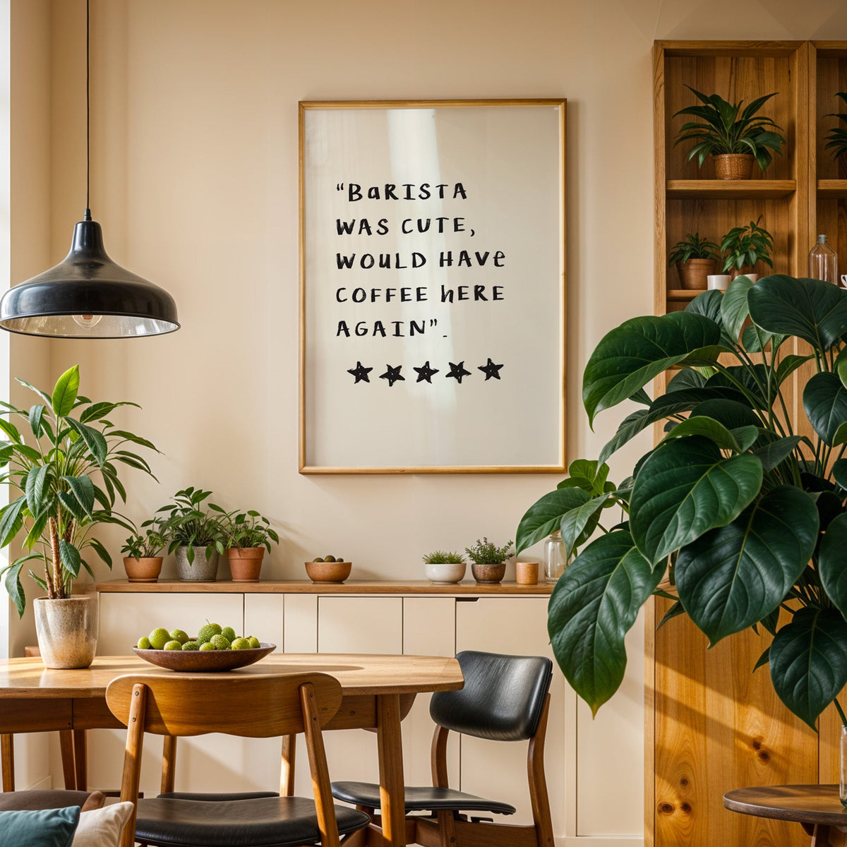 Barista was cute coffee print in an oak frame above a sideboard in a plant-filled dining room