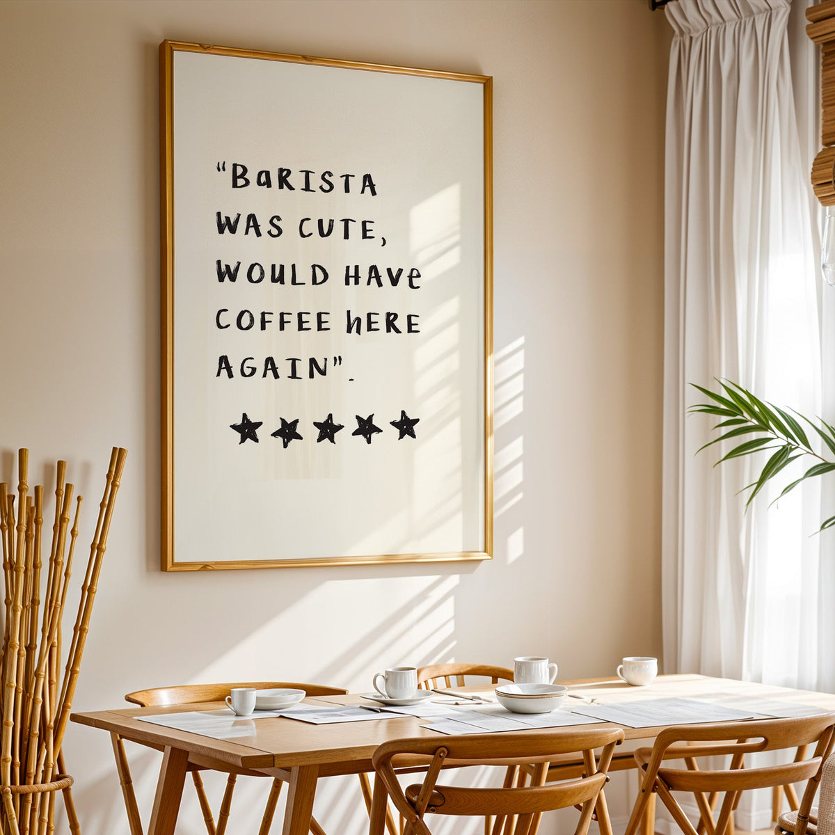Barista was cute coffee print in a gold frame above a sunlit breakfast table