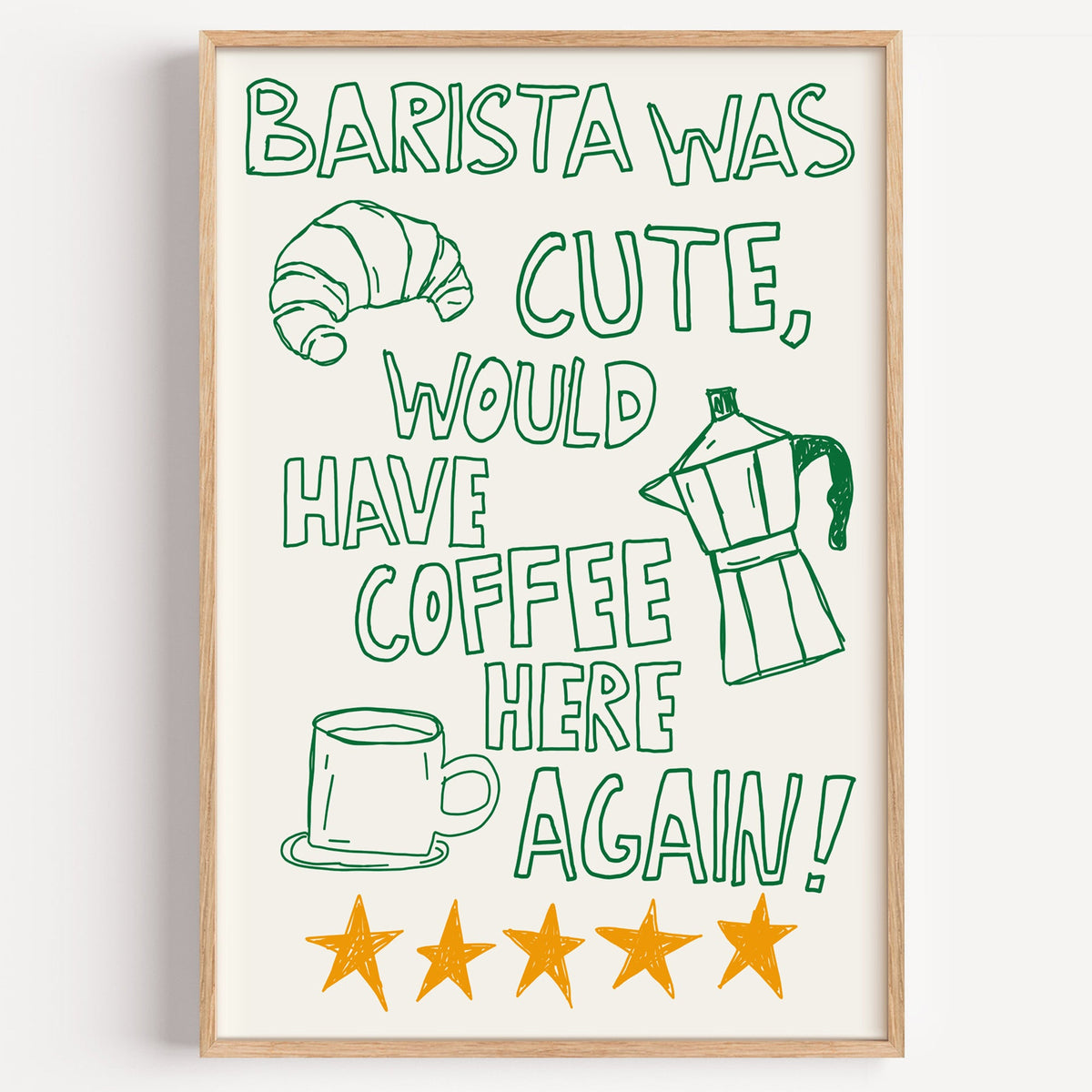 Green outline barista coffee print in a light oak frame on a plain white wall