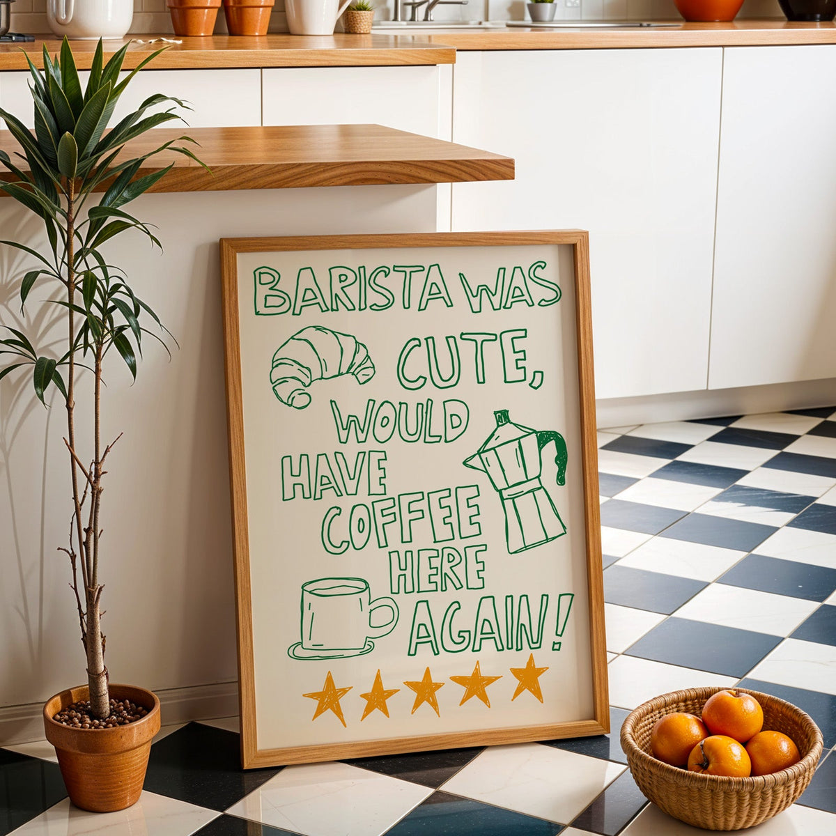 Green outline barista print in an oak frame by a kitchen island and checkered floor