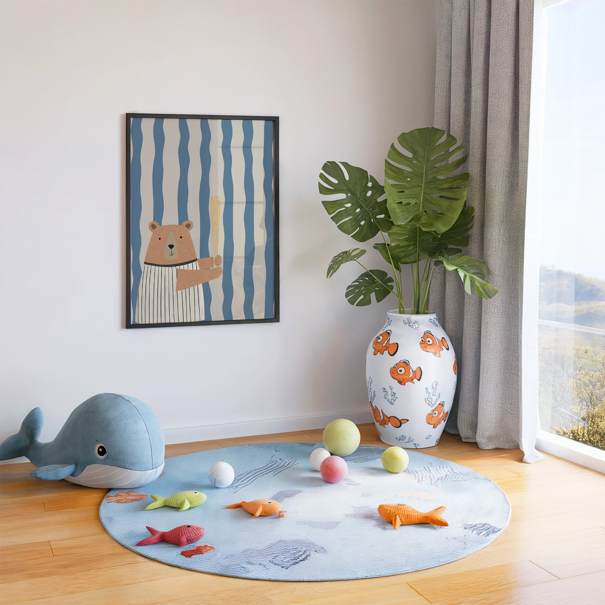 Baseball bear blue stripe nursery print in a black frame in a playroom with an ocean rug and whale plush