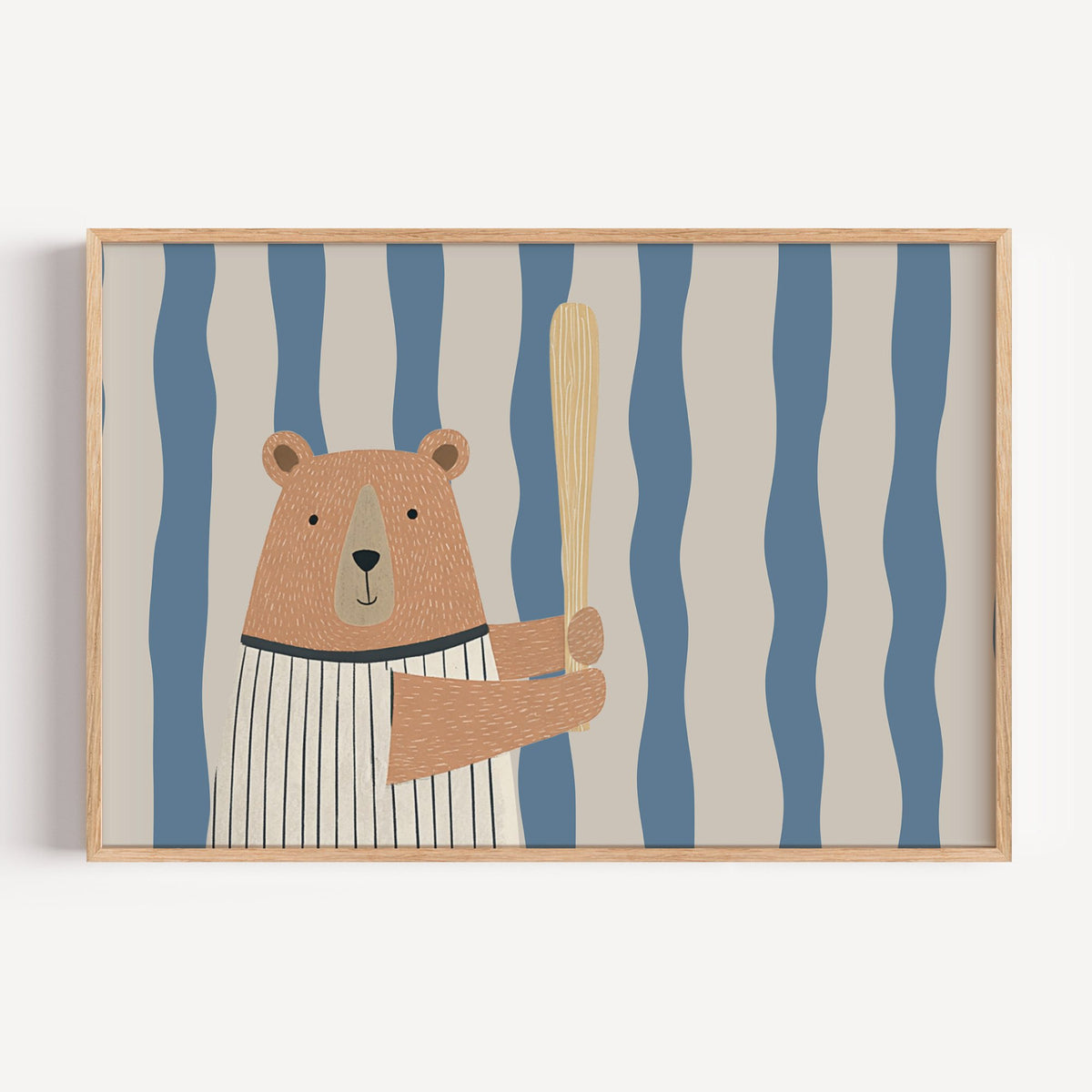 Landscape baseball bear blue stripe nursery print in a light oak frame on a plain white wall