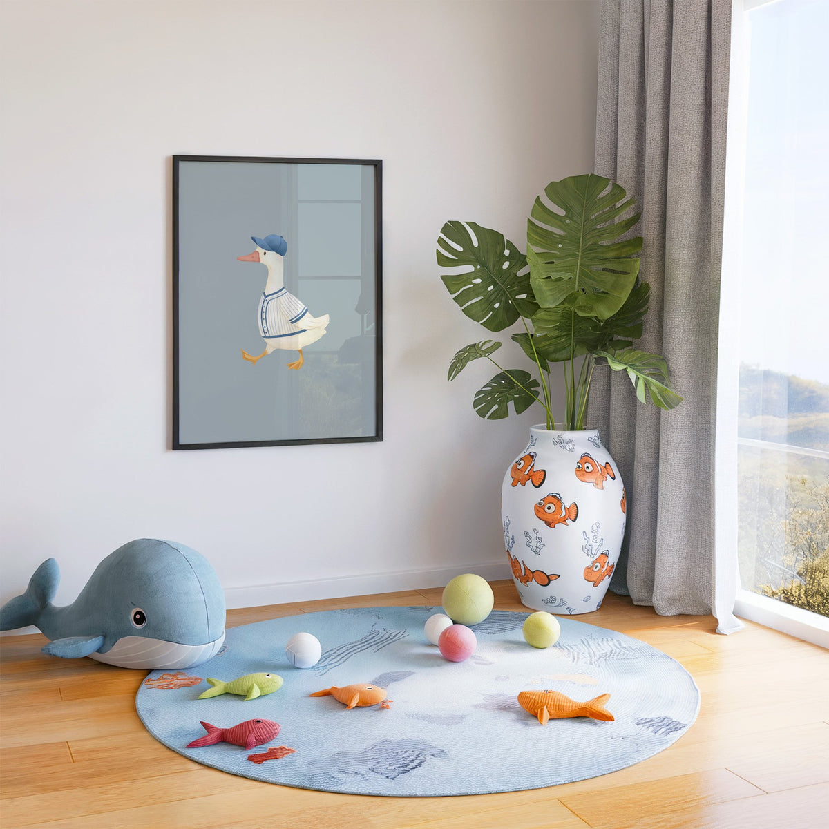 Baseball bird blue cap nursery print in a black frame in a playroom with an ocean rug and whale plush