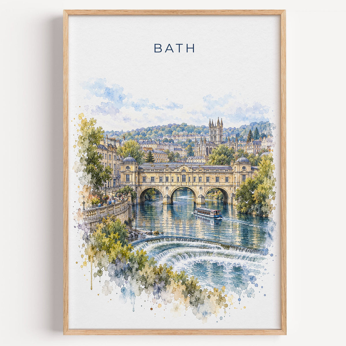 Bath, England watercolor print in a light oak frame on a plain white wall