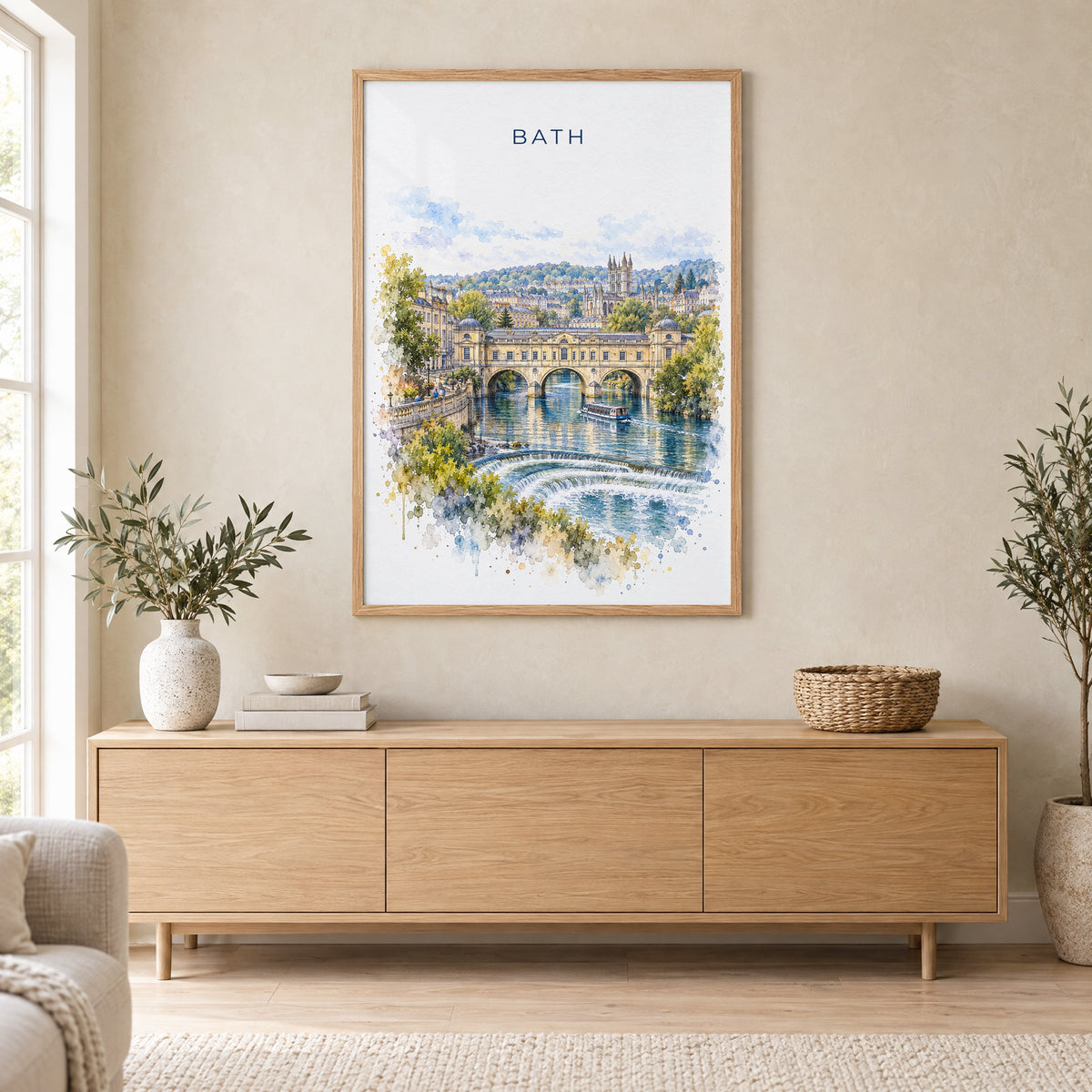 Bath, England watercolor print in an oak frame above a light wood sideboard in a Scandinavian living room