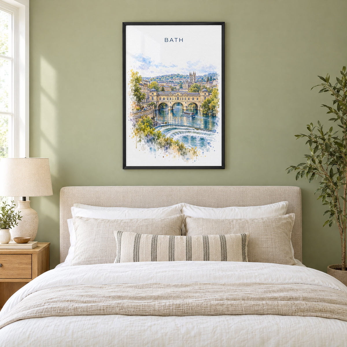 Bath, England watercolor print in a black frame above an upholstered headboard in a sage green bedroom