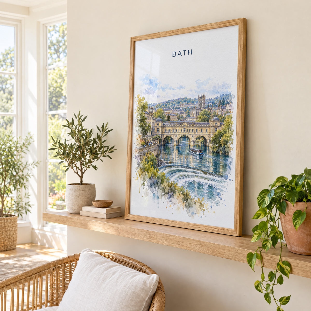 Bath, England watercolor print in an oak frame on a picture ledge in a sunlit sunroom