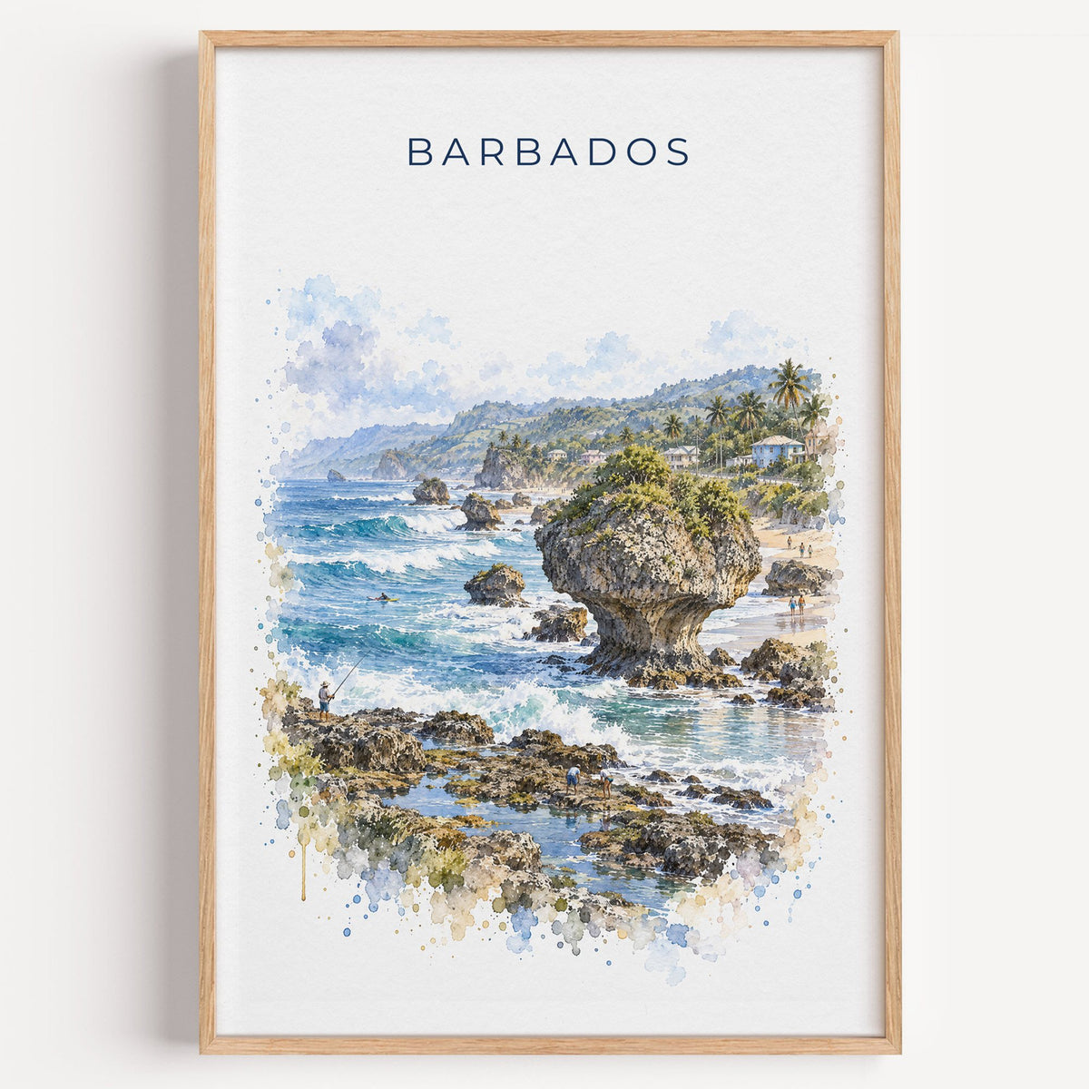 Barbados watercolor print in a light oak frame on a plain white wall