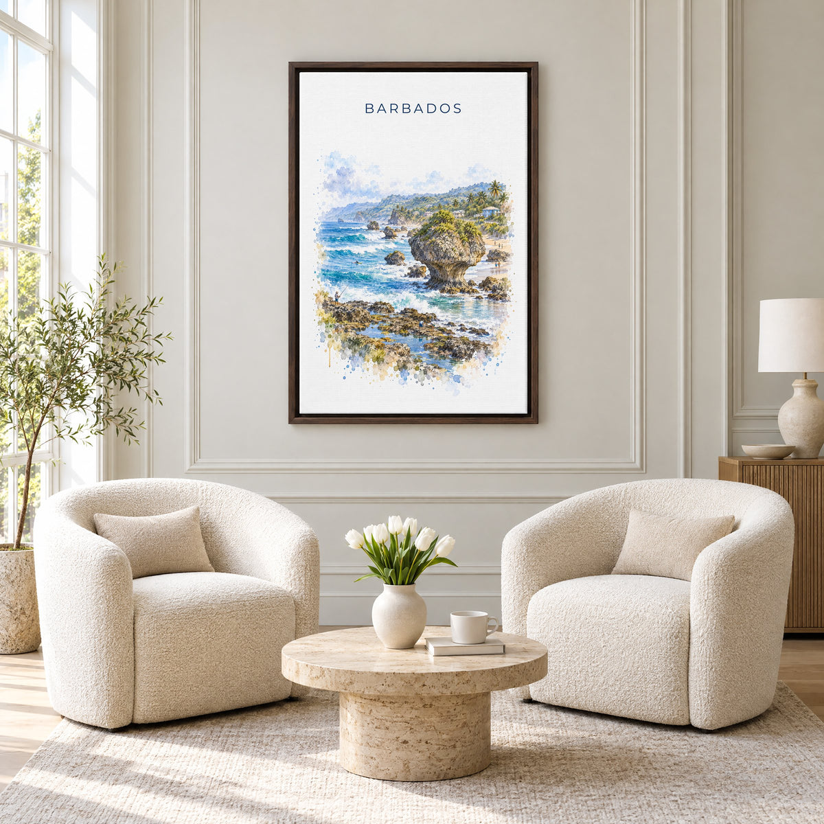 Barbados watercolor print as an espresso floater canvas above two boucle armchairs in a hotel lounge