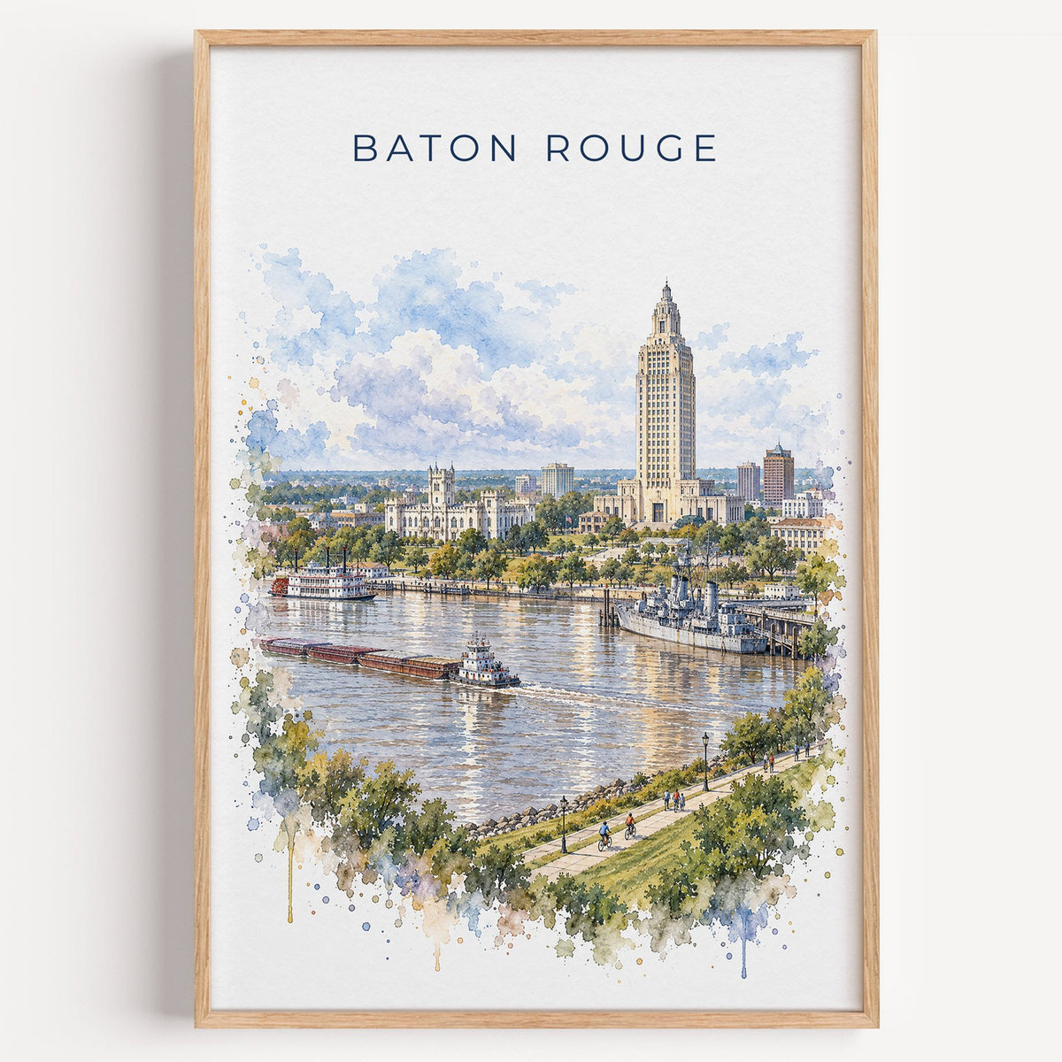 Baton Rouge watercolor print in a light oak frame on a plain white wall
