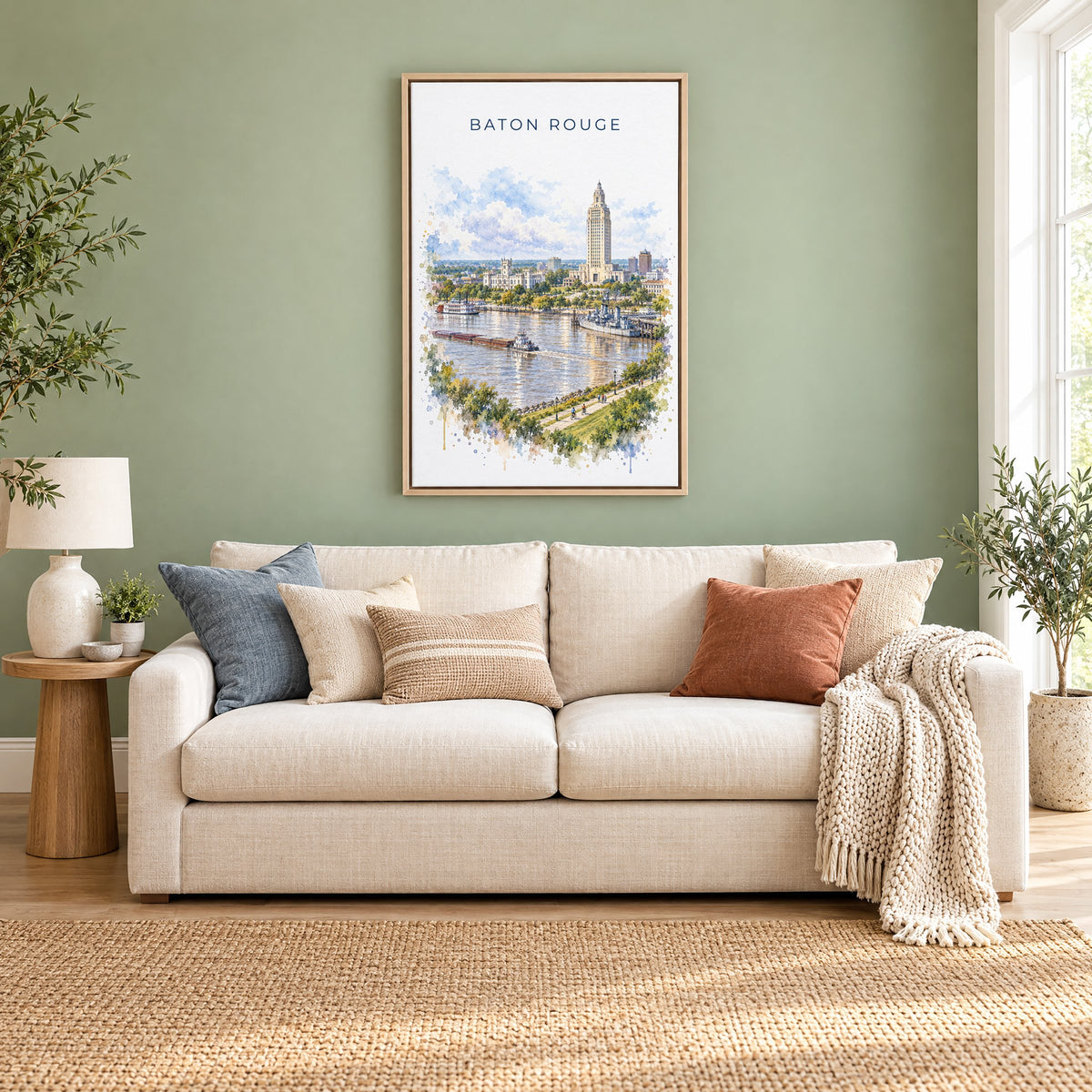 Baton Rouge watercolor print as a natural floater canvas above a cream linen sofa on a sage green wall