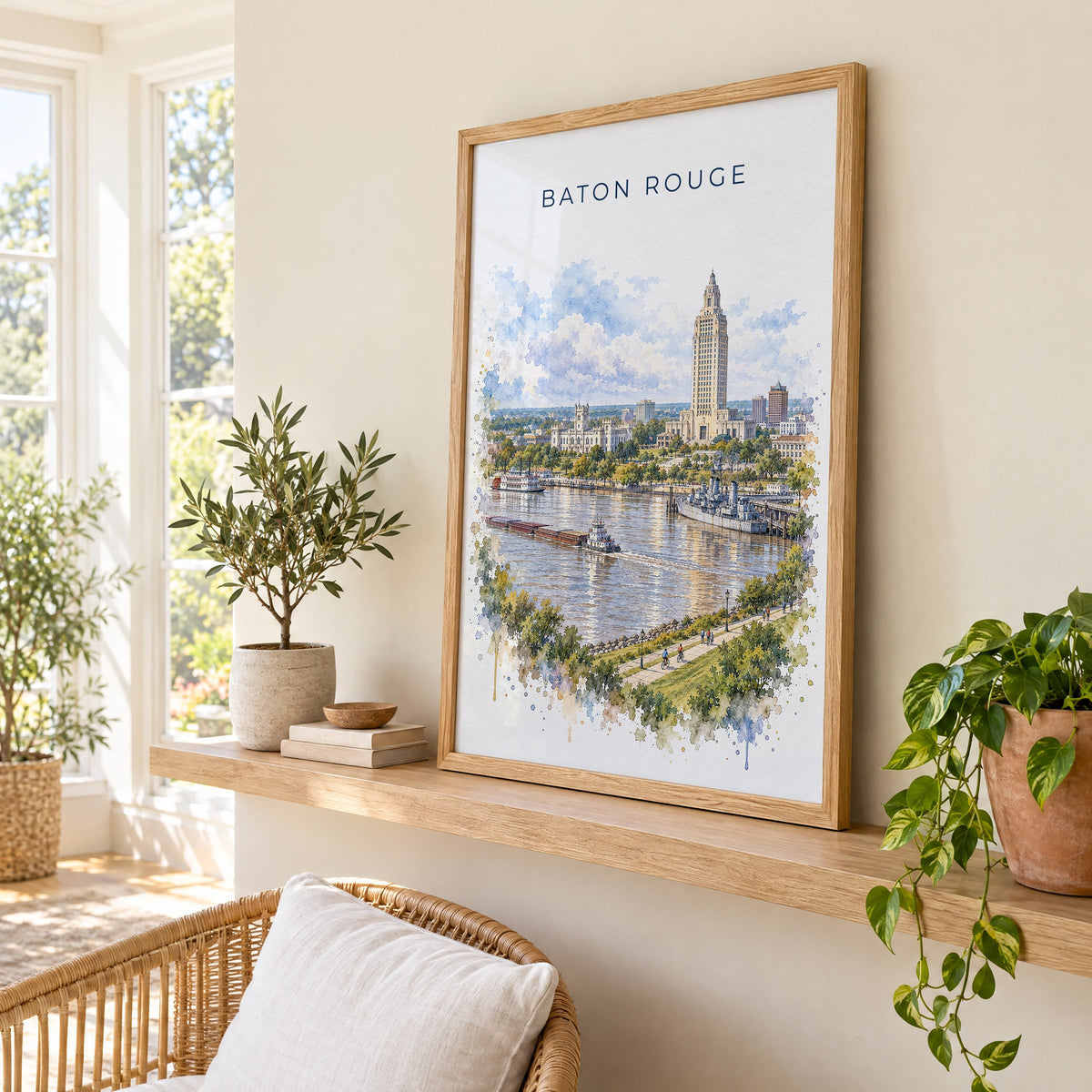 Baton Rouge watercolor print in an oak frame on a picture ledge in a sunlit sunroom