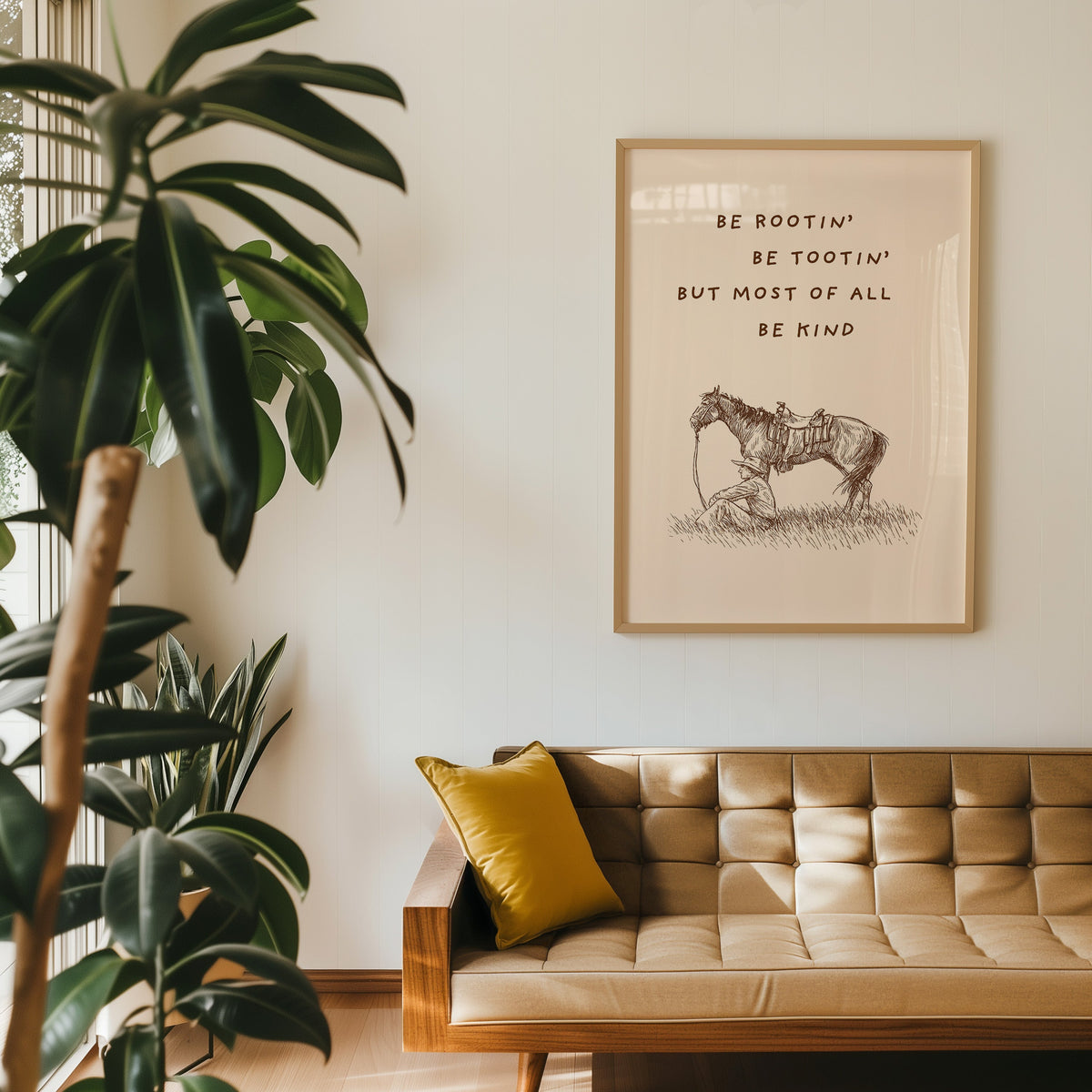 Be Rootin Be Tootin cream quote print in an oak frame above a tan leather sofa