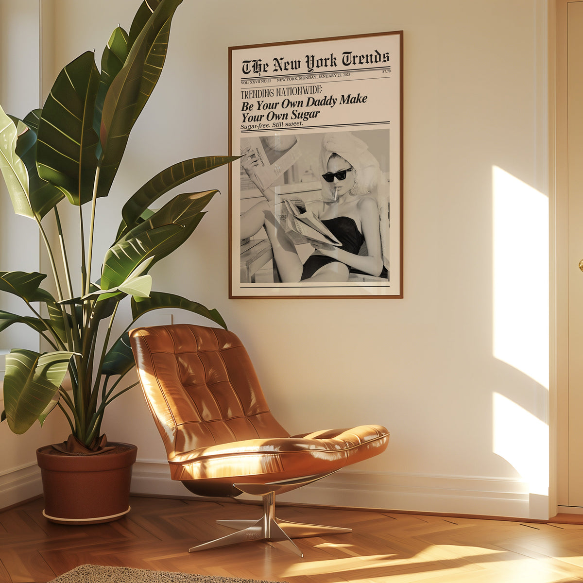 Woman reading newspapers on rooftop mock front page print in a walnut frame above a leather lounge chair