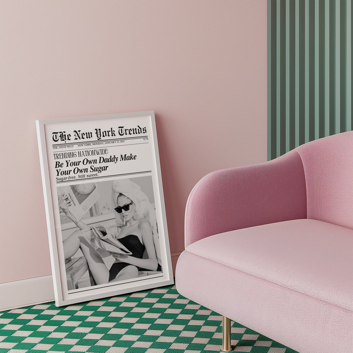 Woman reading newspapers on rooftop mock front page print in a white frame beside a pink armchair on a checkered floor