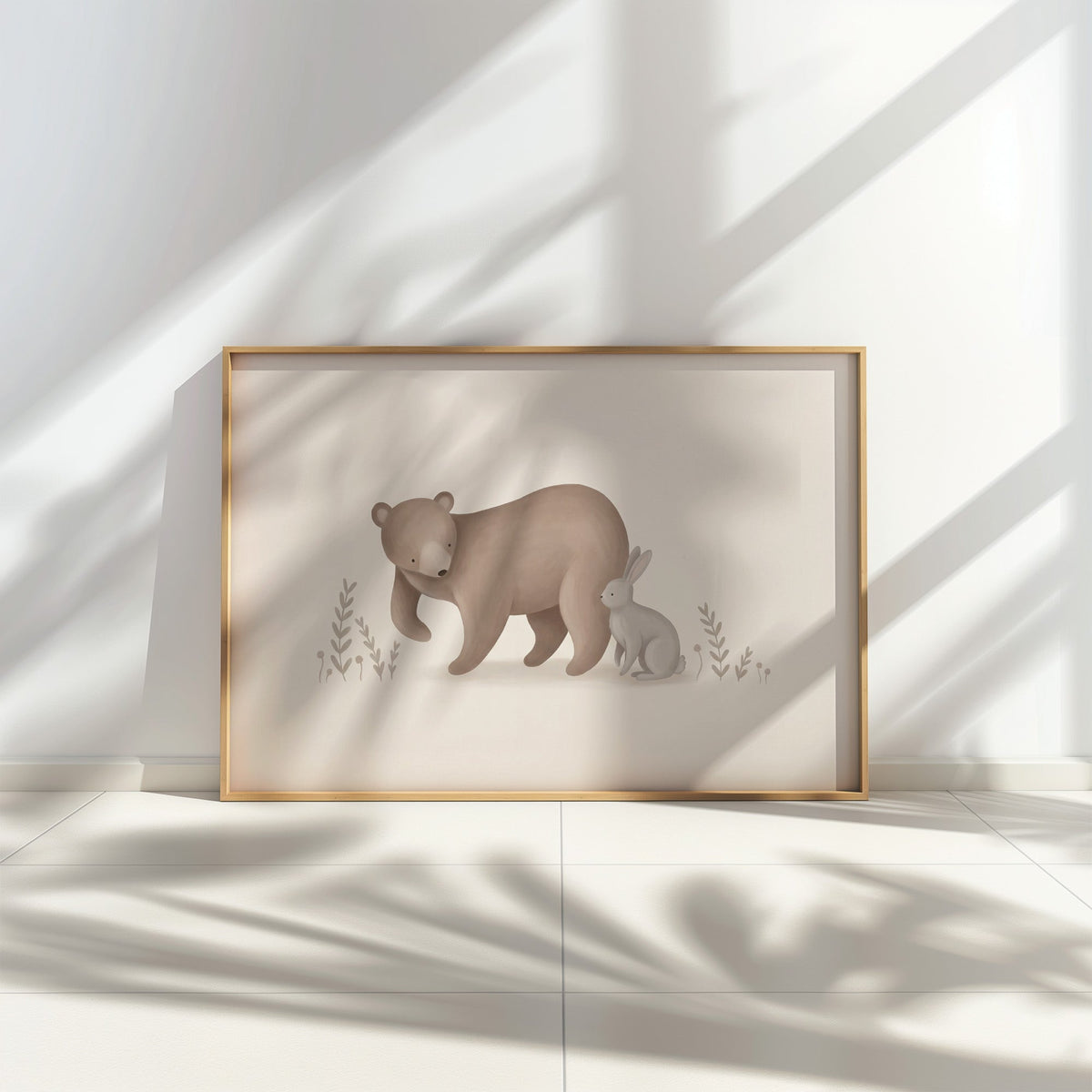 Brown bear and grey bunny in a meadow nursery print in a thin oak frame leaning on a tiled floor in dappled sunlight