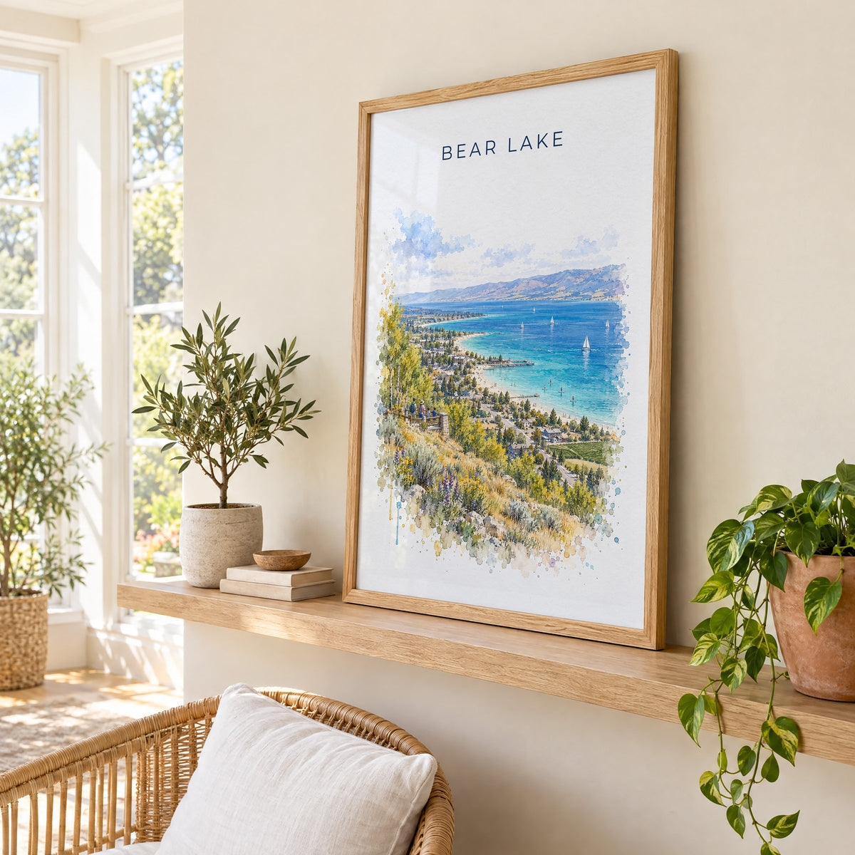 Bear Lake watercolor print in an oak frame on a picture ledge in a sunlit sunroom
