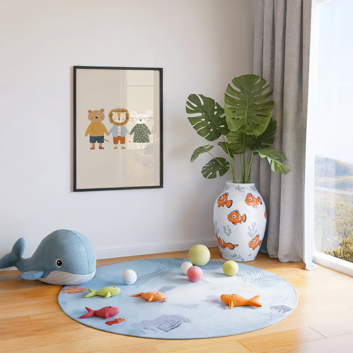 Three friends holding hands nursery print in a black frame in a playroom with an ocean rug and whale plush