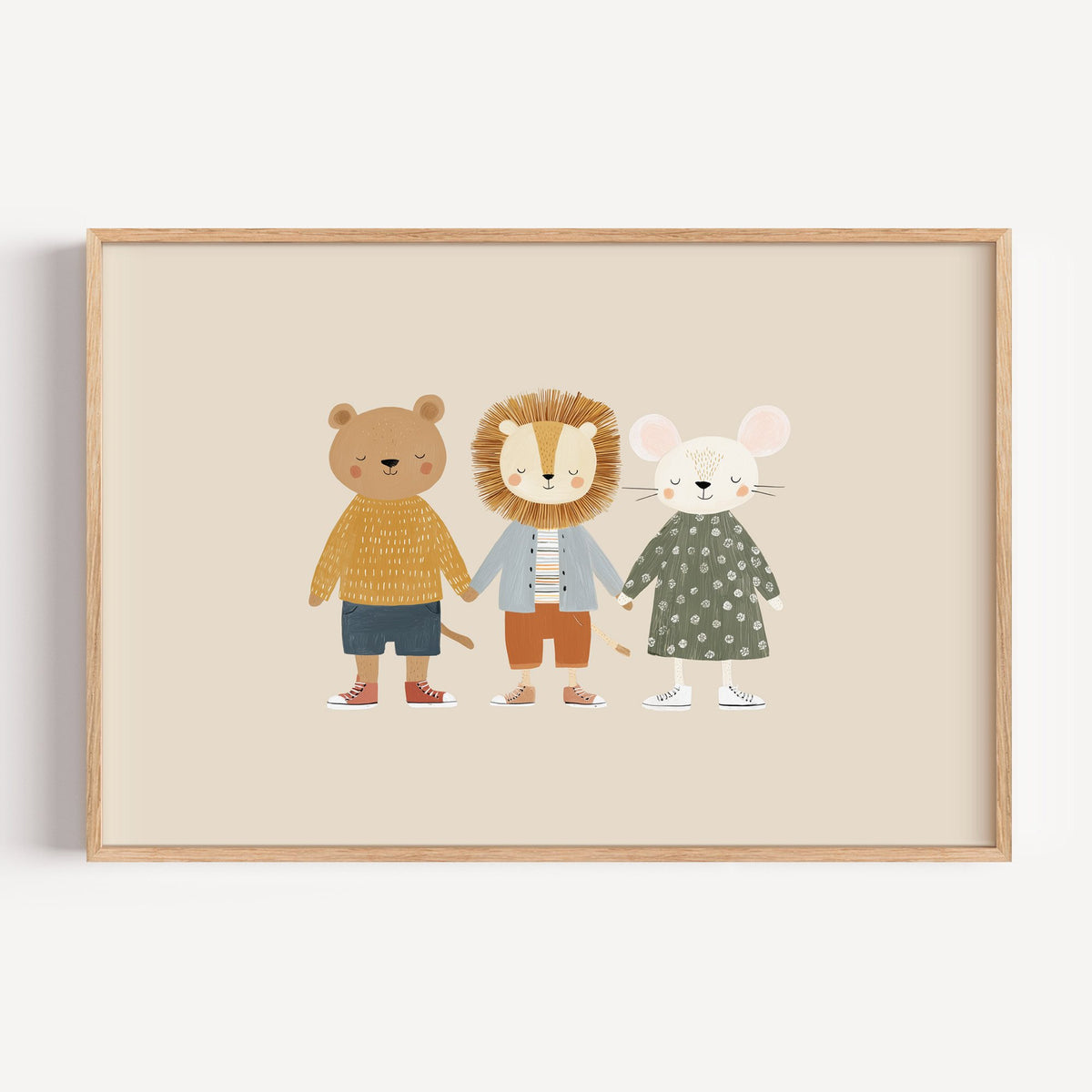 Landscape three friends holding hands nursery print in a light oak frame on a plain white wall