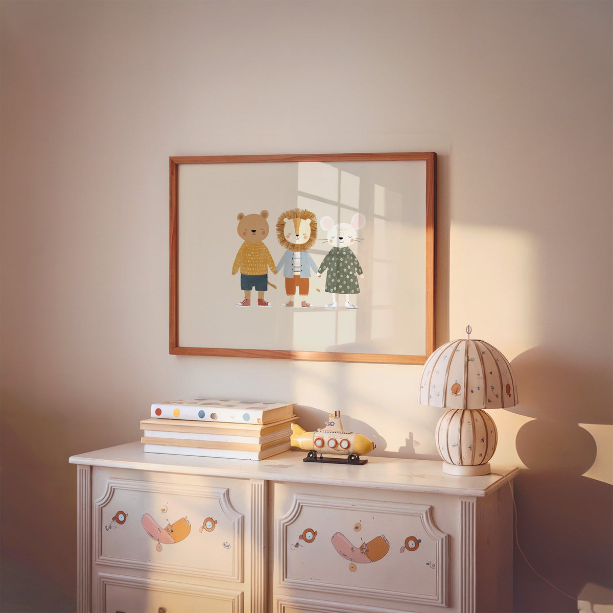 Landscape three friends holding hands nursery print in a cherry wood frame above a painted dresser and lamp