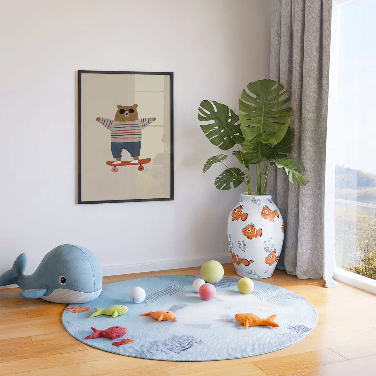 Skateboard bear striped sweater nursery print in a black frame in a playroom with an ocean rug and whale plush