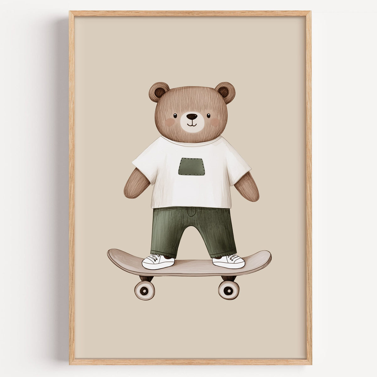 Skateboard bear white tee nursery print in a light oak frame on a plain white wall