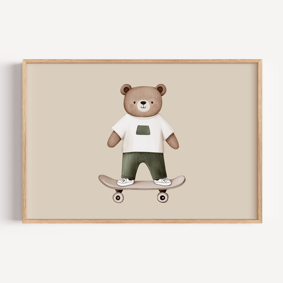 Landscape skateboard bear white tee nursery print in a light oak frame on a plain white wall
