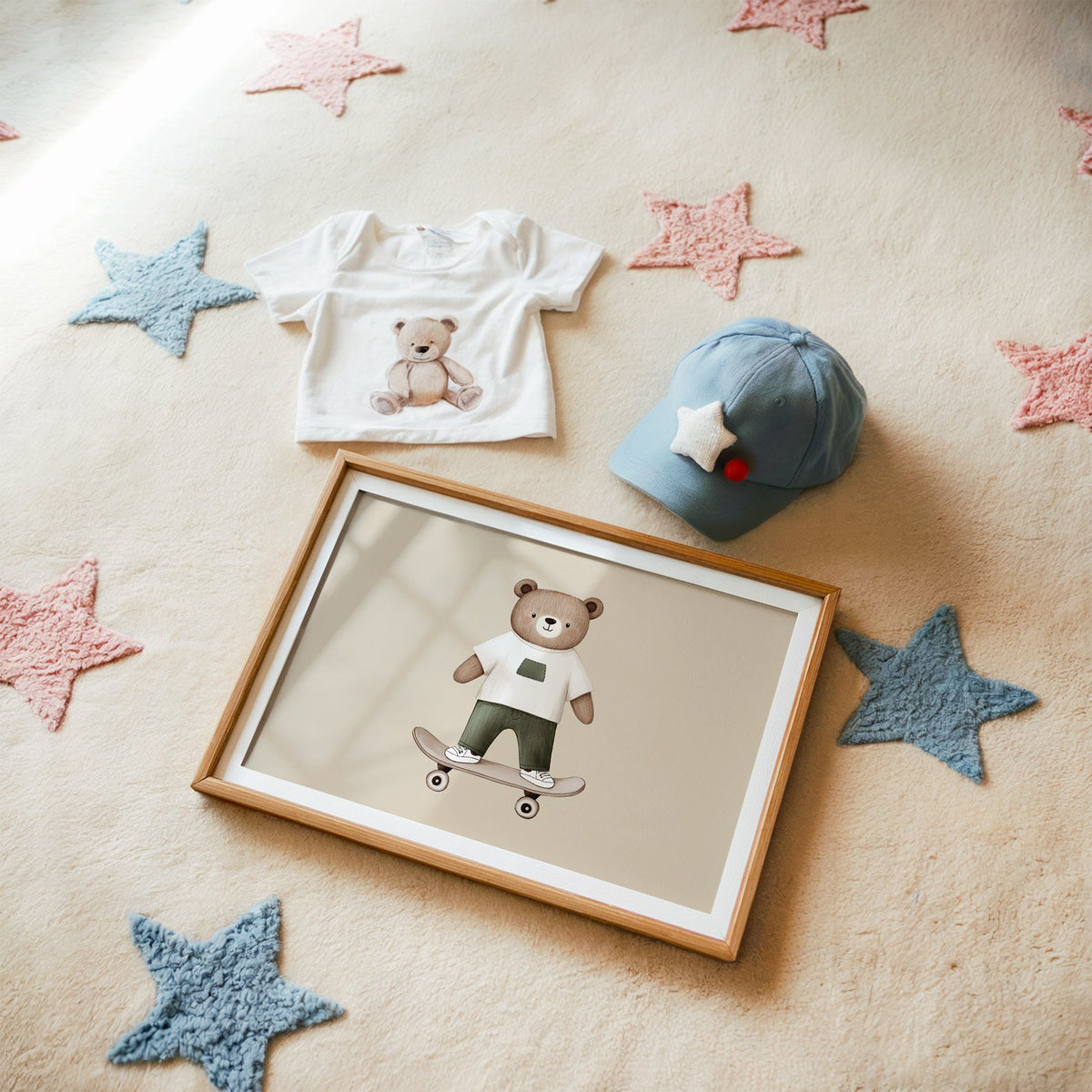 Landscape skateboard bear white tee nursery print in a matted oak frame on a star rug with a baby tee