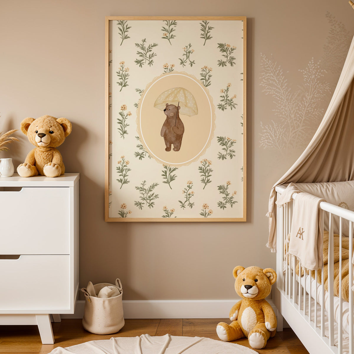 Bear with a polka dot yellow umbrella nursery print in an oak frame between a white dresser and a canopy crib