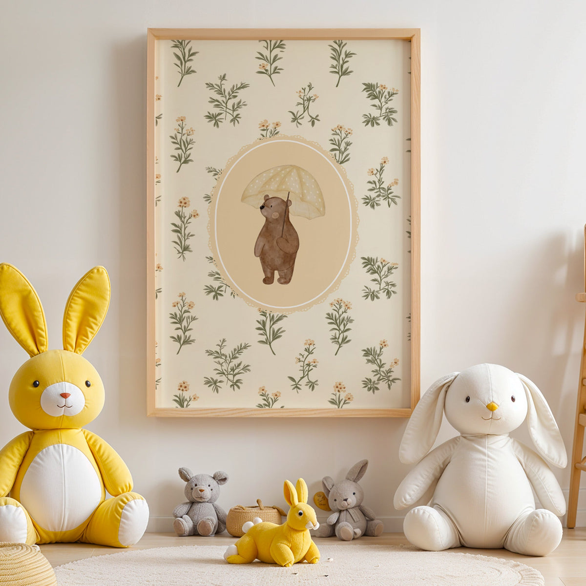 Bear with a polka dot yellow umbrella nursery print in an oak frame above yellow and white plush bunnies