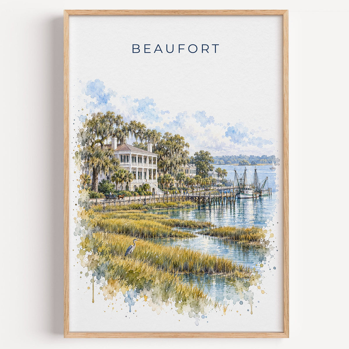 Beaufort, South Carolina watercolor print in a light oak frame on a plain white wall
