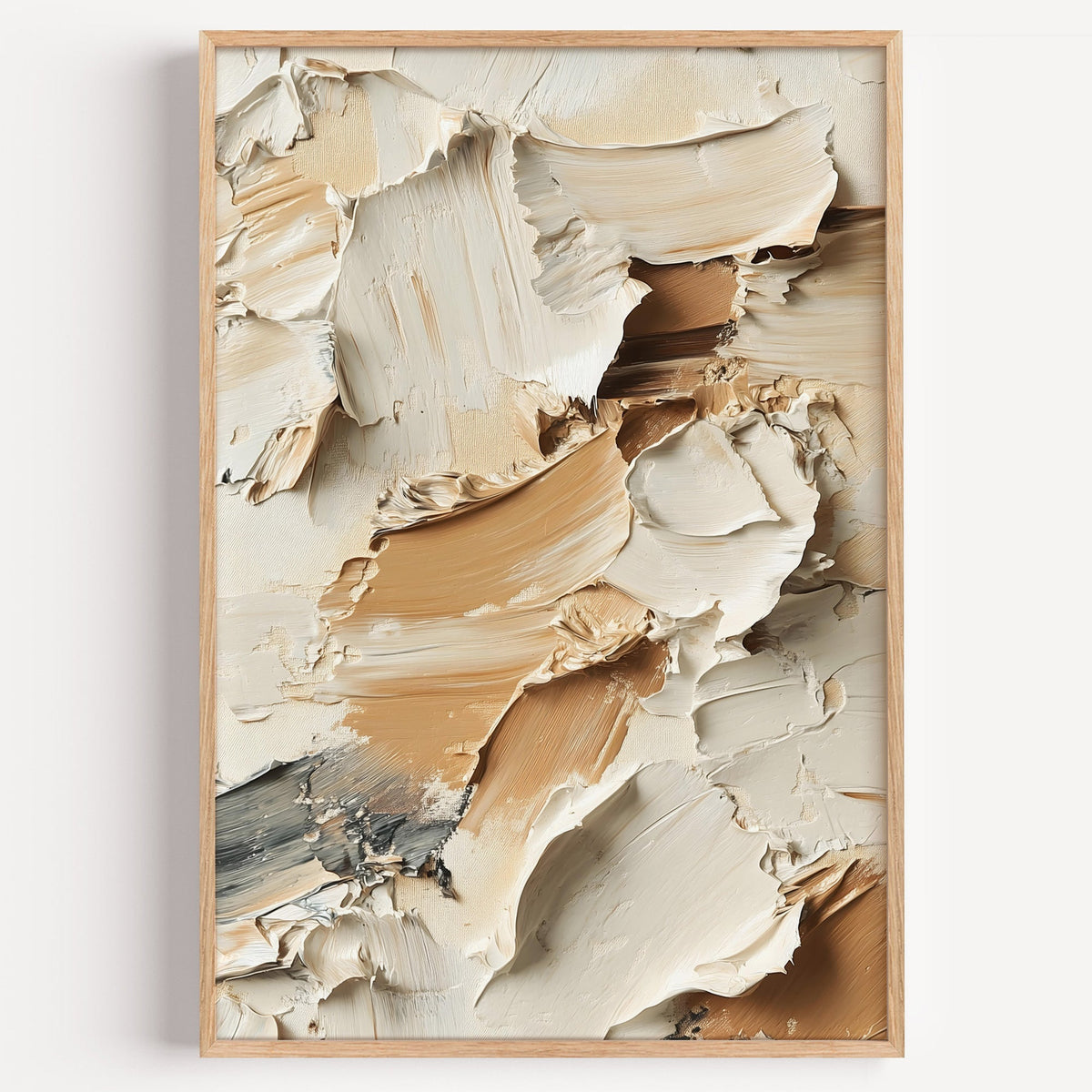 Beige and brown impasto texture abstract print in a light oak frame on a plain white wall