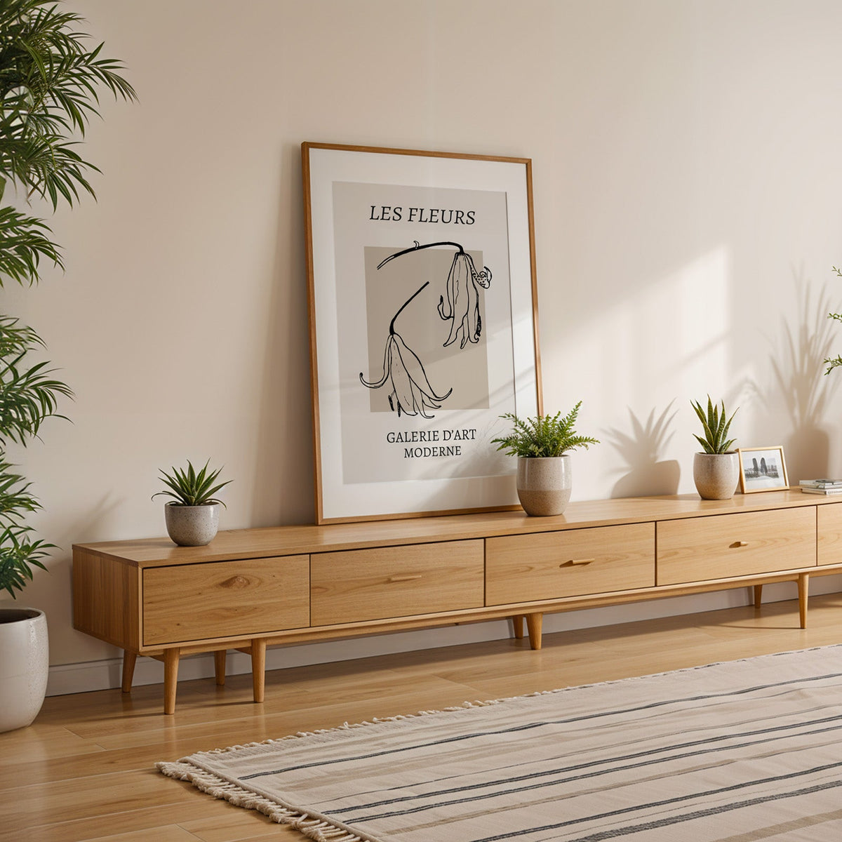 Drooping lily sketch on beige block botanical print shown with a white mat in an oak frame on a low oak console