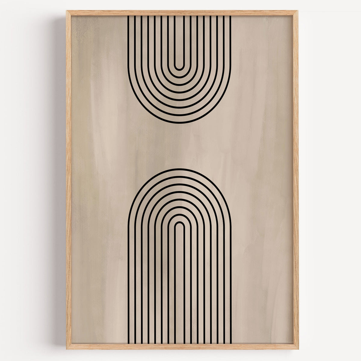 Beige mirrored line arches wash print in a light oak frame on a plain white wall