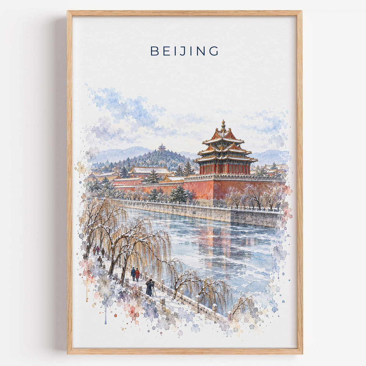 Beijing watercolor print in a light oak frame on a plain white wall
