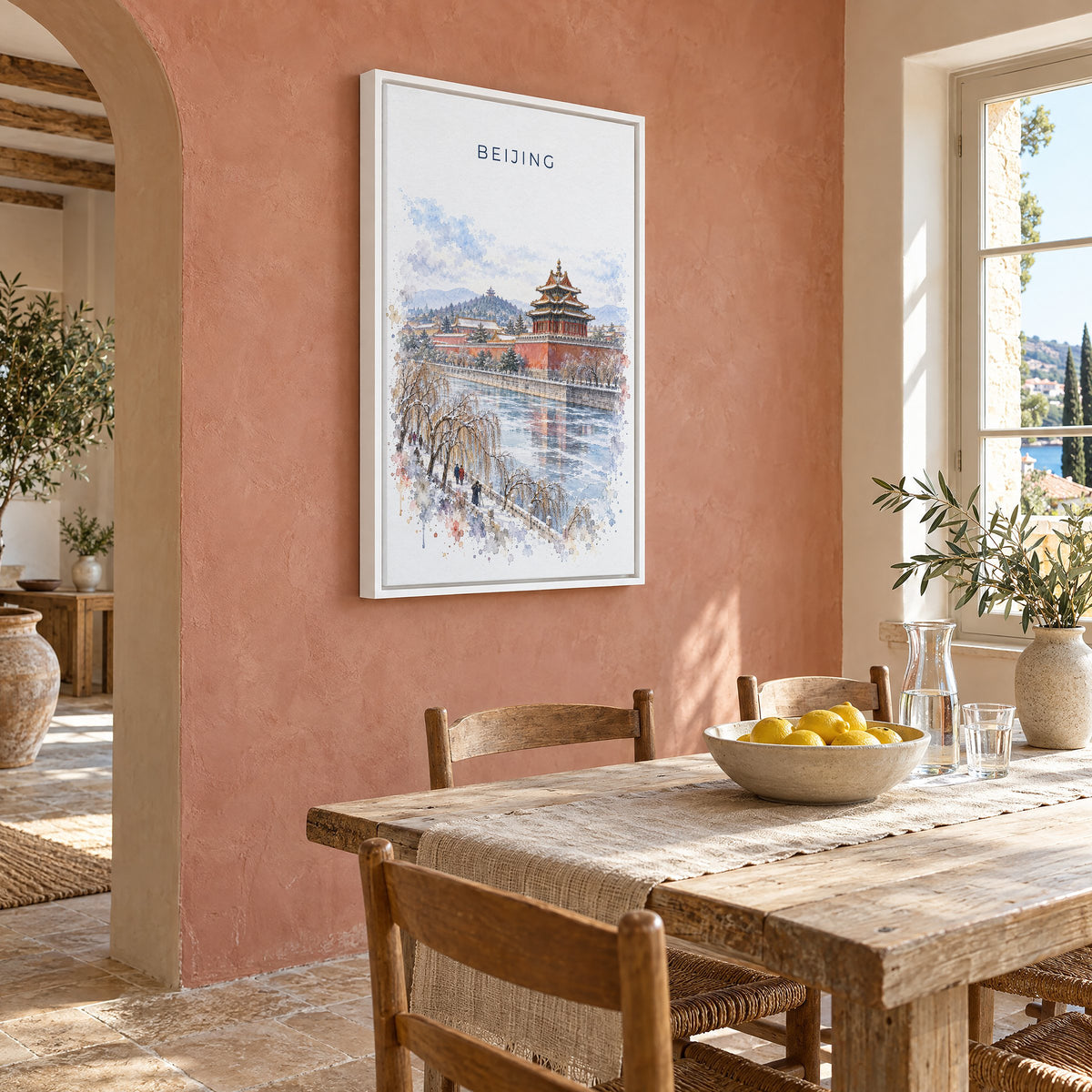 Beijing watercolor print as a white floater canvas on a terracotta wall above a rustic dining table