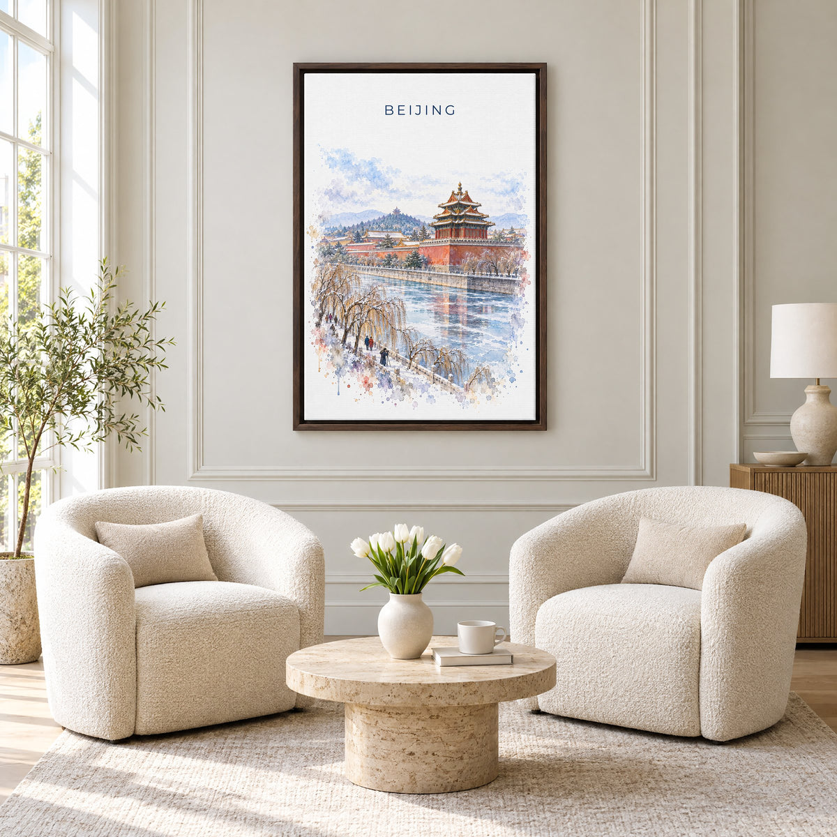 Beijing watercolor print as an espresso floater canvas above two boucle armchairs in a hotel lounge