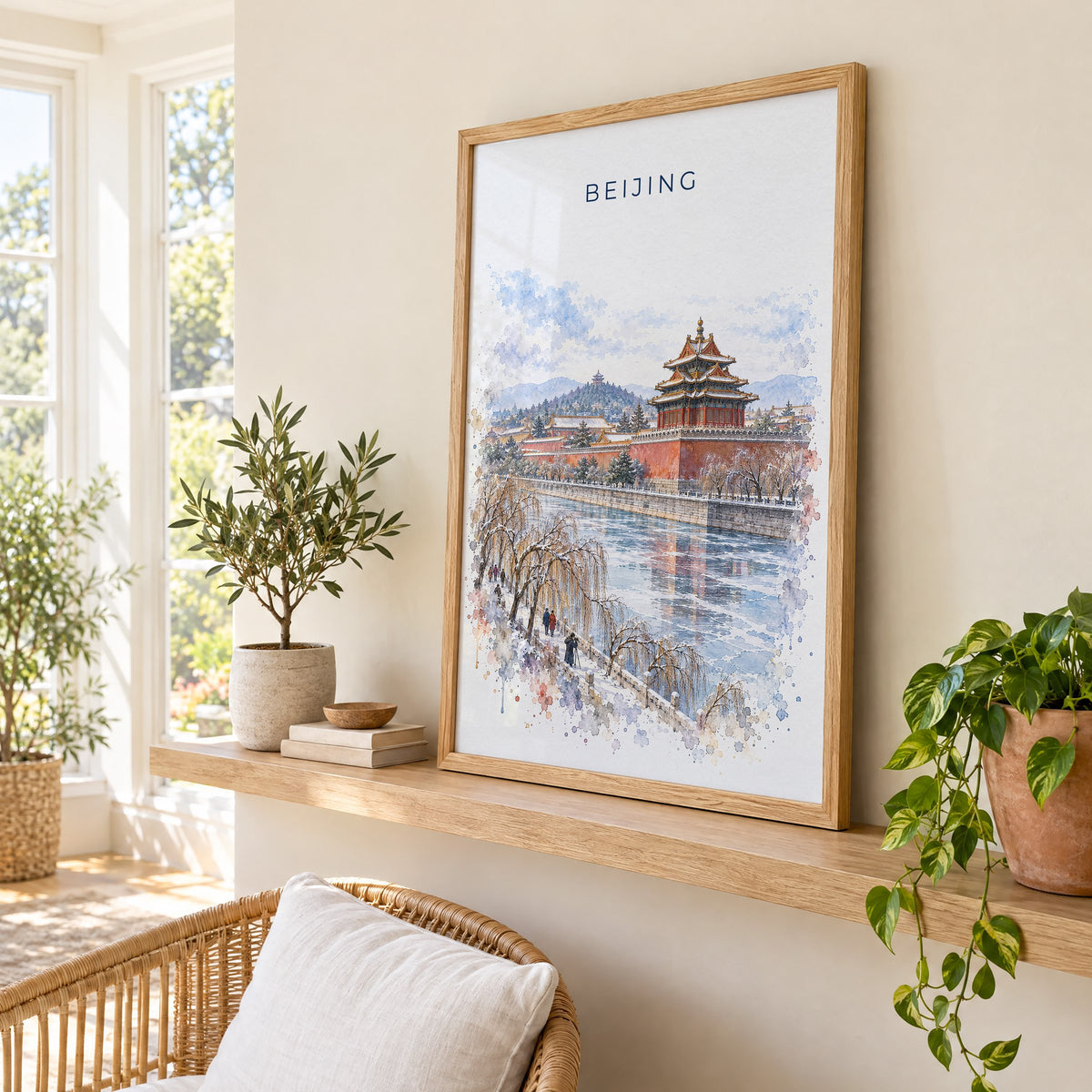 Beijing watercolor print in an oak frame on a picture ledge in a sunlit sunroom
