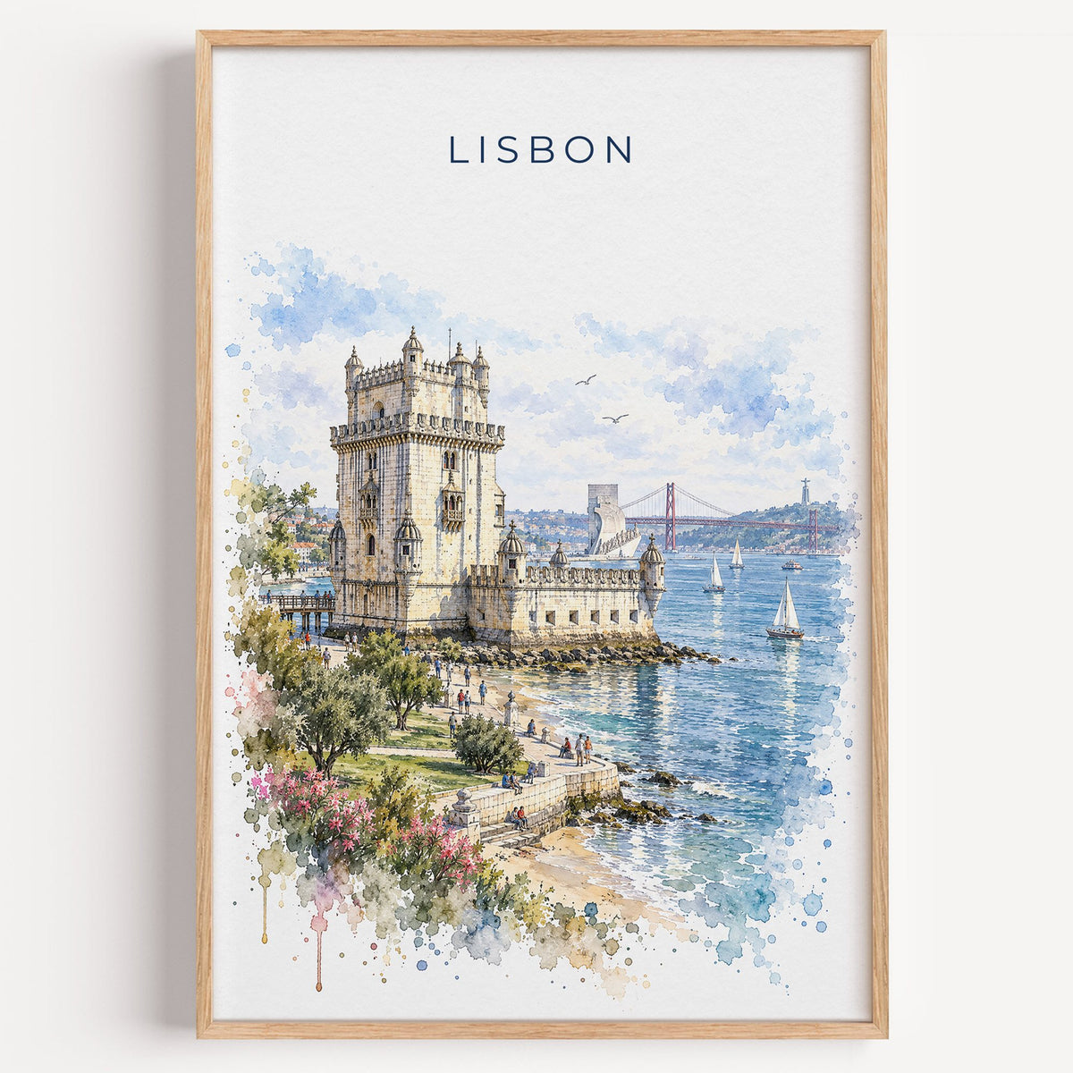 Belém Tower watercolor print in a light oak frame on a plain white wall