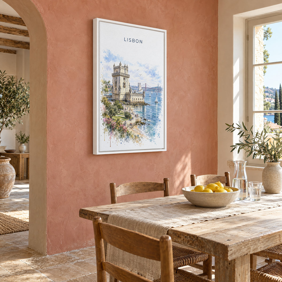 Belém Tower watercolor print as a white floater canvas on a terracotta wall above a rustic dining table