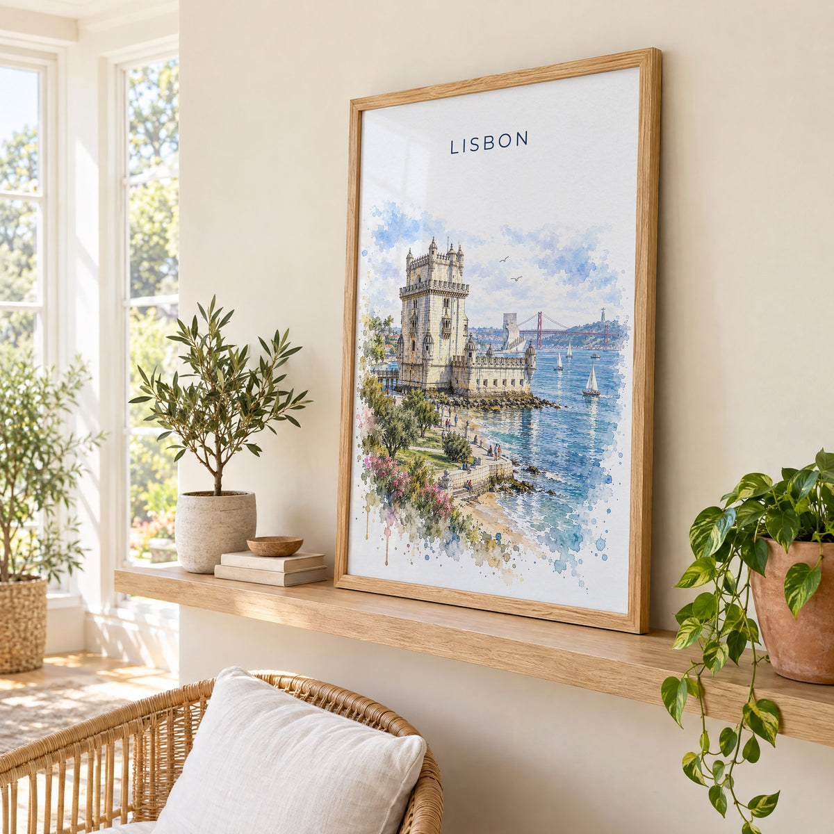 Belém Tower watercolor print in an oak frame on a picture ledge in a sunlit sunroom